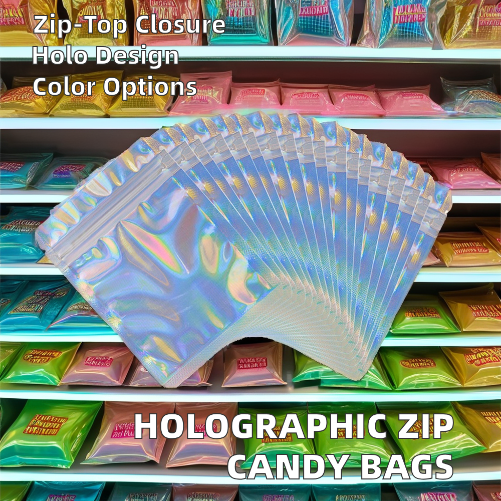 Customized aluminum foil transparent holographic zipper bag, resealable and odor proof PET food packaging, polyester film small self sealing bag for powder