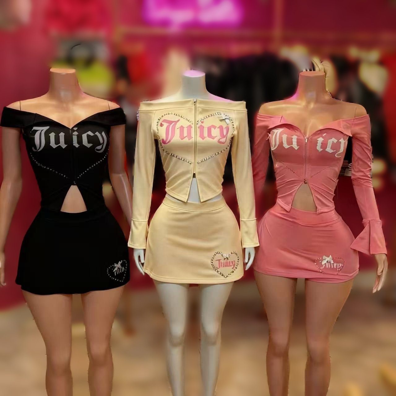Peeqi rhinestone sexy off shoulder zipper long sleeved jacket top tight mini skirt casual elegant two-piece set women's clothing
