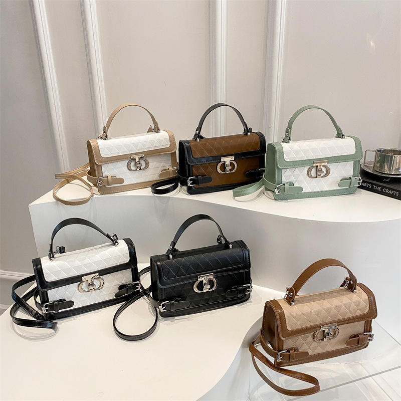 Hot selling summer Korean version women's spliced colorful PU crossbody bag with lock cover, fashionable women's square handbag