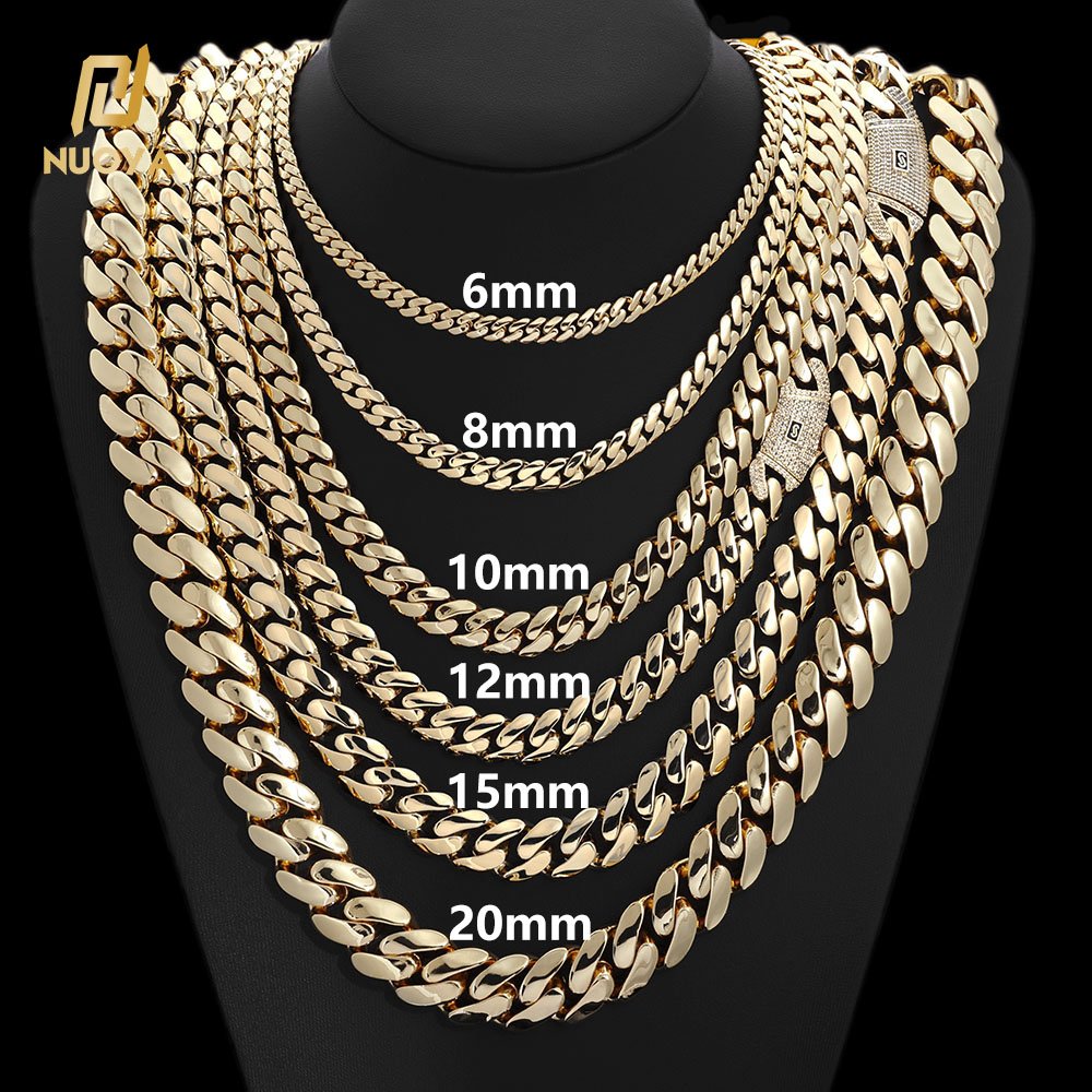 NUOYA 6-20mm ice diamond buckle flat Miami Cuban chain 14K/18K gold-plated thick solid Cuban chain hip-hop jewelry for men
