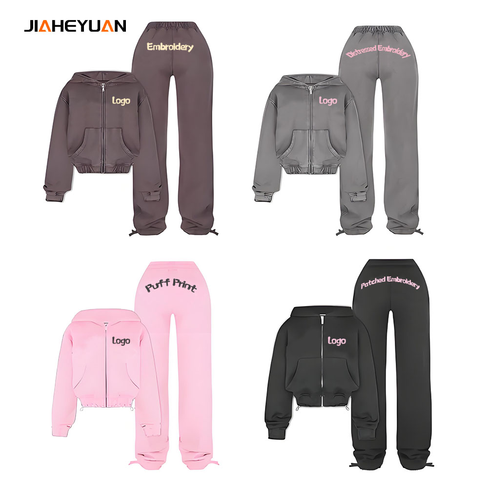 Custom cut top zipper hooded sweatshirt and sweatpants set, sportswear, fitness sportswear, streetwear 2-piece set, women's clothing