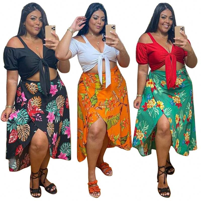 2022 New Summer Women's Large Casual Flower Printed Sleeveless Hanging Neck Strap Skirt Set