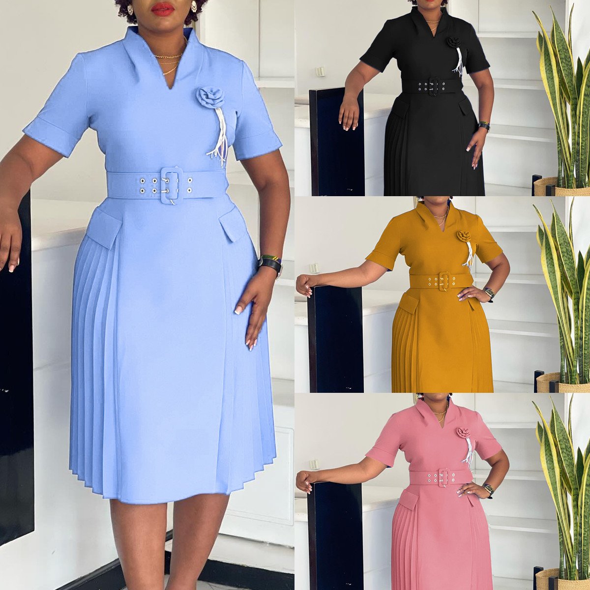 D584 Fashion Summer Women's Casual V-neck Solid Color pleated Office Women's Elegant African Women's Clothing