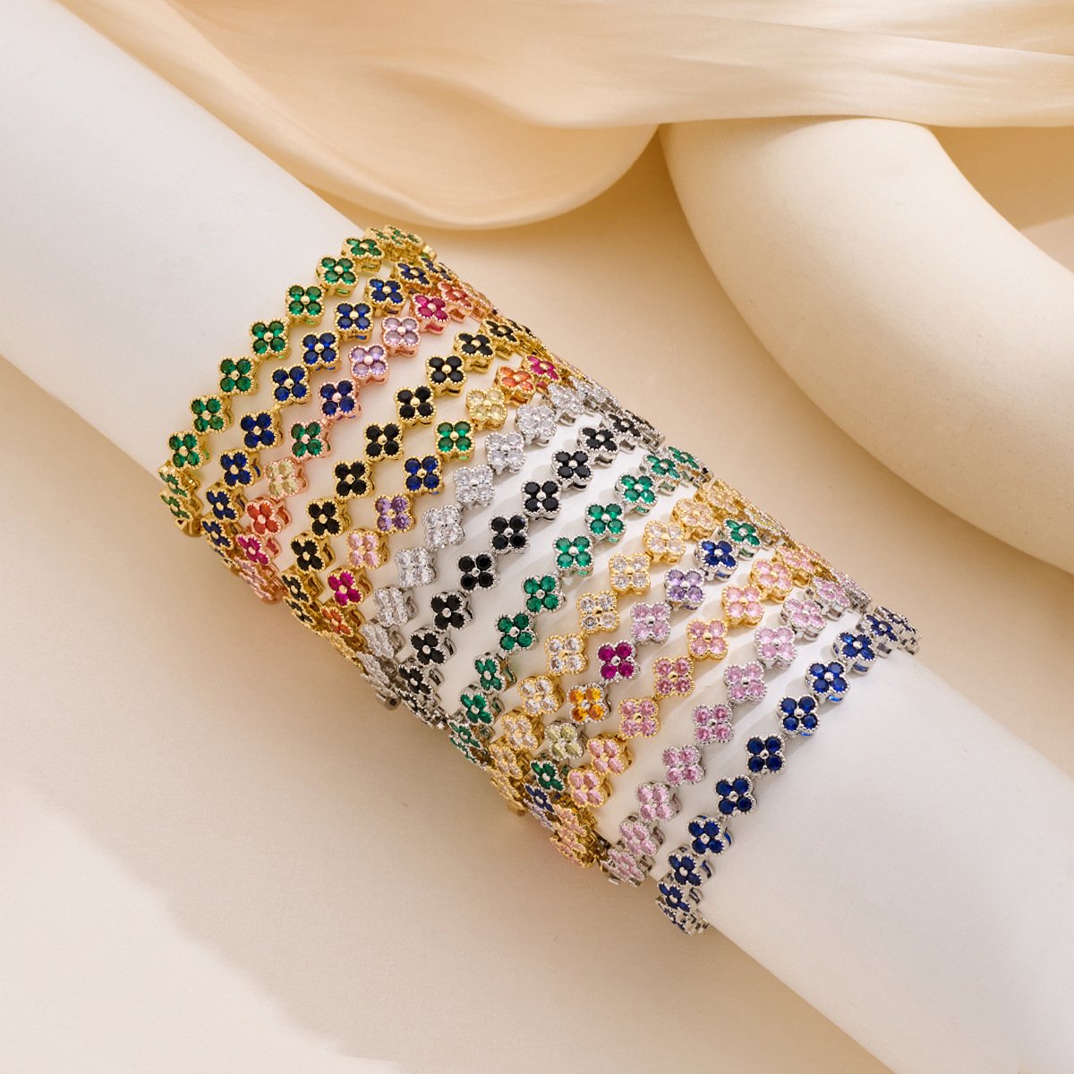 Light luxury multi-color zircon clover bracelet gold-plated rainbow tennis bracelet women's fashion jewelry